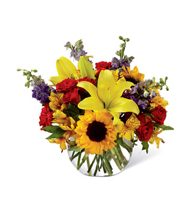 Sun-Drenched Appreciation Bubble Vase with sunflowers, red roses, and trailing ivy for State College birthday and thank-you delivery