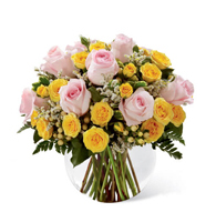 Sunlit Serenity Rose Arrangement with pink and yellow roses for State College new baby and graduation delivery