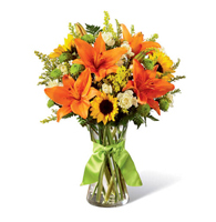 Sunlit Valley Meadow Vase with mini sunflowers and orange Asiatic lilies for State College graduation and thinking-of-you delivery