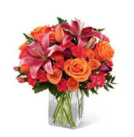 Sunset Horizon & Velvet Tulip Vase with orange roses and purple tulips for State College graduation and anniversary delivery