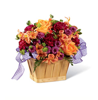 Sunset Violet Artisan Basket with orange roses and purple carnations for State College get well and graduation delivery