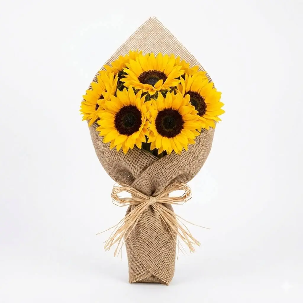 Bold, sun-drenched sunflower bouquet in rustic burlap, reflecting the beauty of Centre County for get-well wishes.