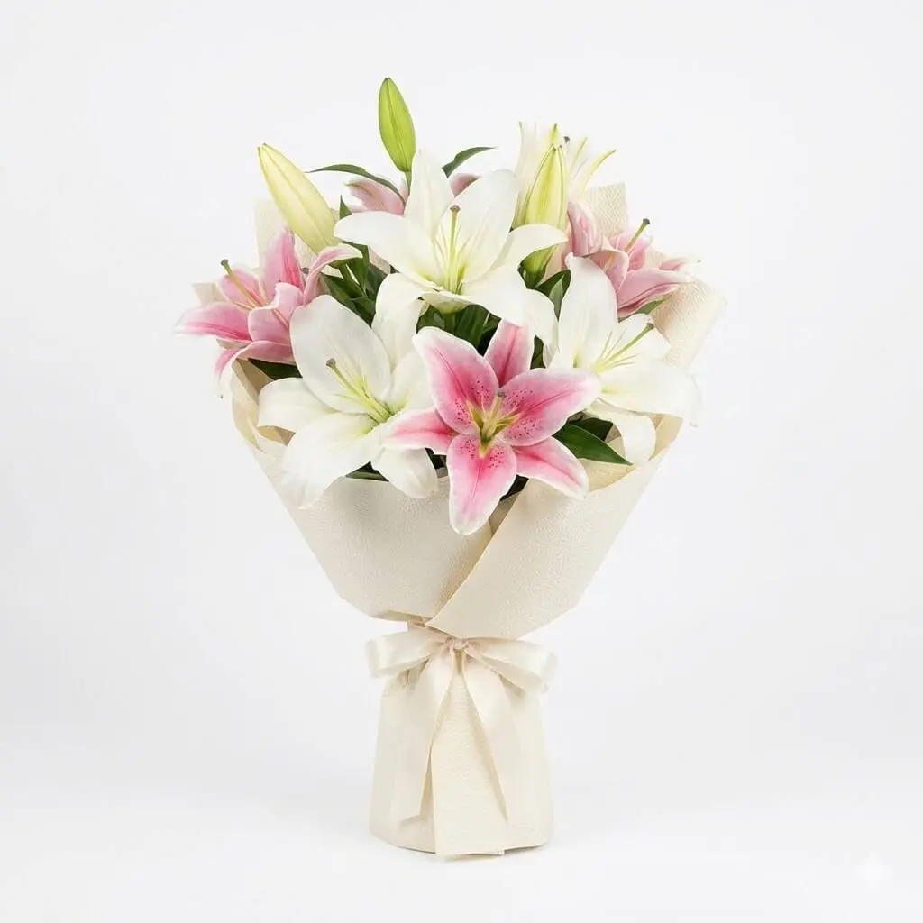 Aromatic and sophisticated Stargazer and white Oriental lily bouquet for sympathy or "just because" moments in Lemont.