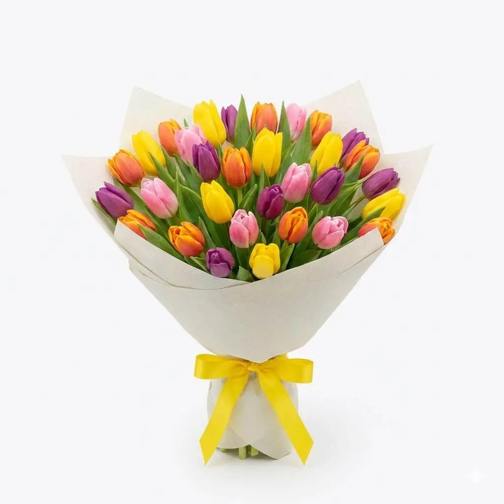 Bright, cheerful mixed tulip bouquet with a yellow ribbon, perfect for spring homes in East Hills.
