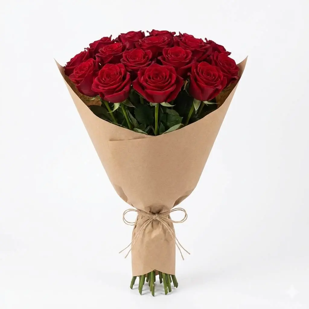 Velvety, long-stemmed red rose bouquet in kraft paper wrap for romantic evenings Downtown.